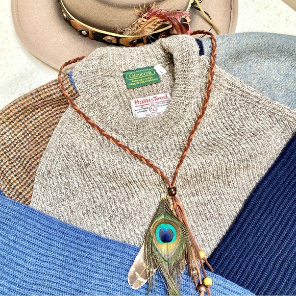 Woven in Scotland patchwork boho tweed wool sweater w equestrian farmhouse vibe - Picture 14 of 14